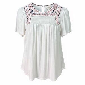 KNOX ROSE White Flowy Boho Short Sleeve Smocked Embroidered Breezy Blouse Size S